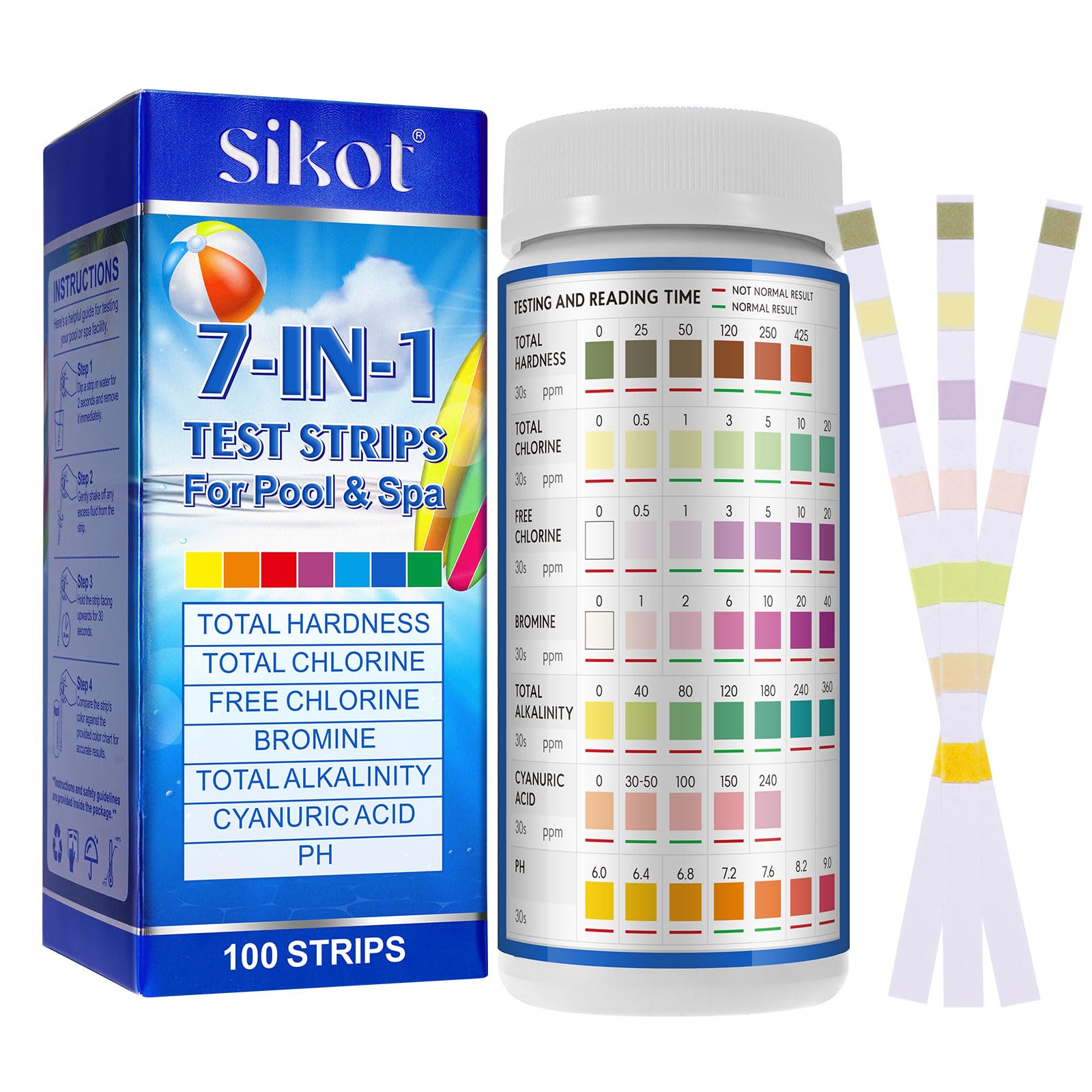 Hot Tub Test Strips 7 in 1, 100 Pool & Spa Water Testing Strips, Accurate Test Kit for Free & Total Chlorine, Bromine, pH, Alkalinity, Hardness & Cyanuric Acid (100 PCS)