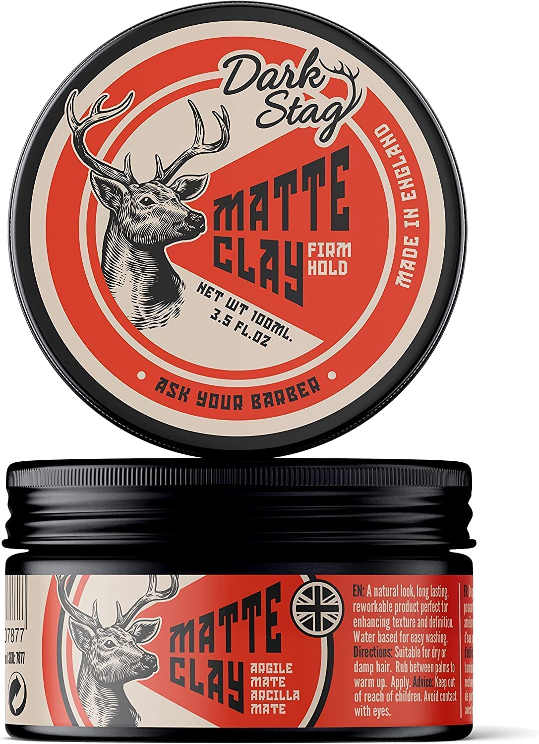 Dark Stag Matte Clay, Firm Hold Professional Hair Styling Clay, Water Based Easy to Wash Hair Wax, Matte Look No Shine, Coconut Fragrance, 100ml/3.5oz