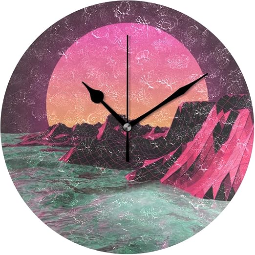 Amazon Com Round Wall Clock With Cool Vaporwave Aesthetic Print Silent Non Ticking Quartz Clock Decorative For Office Living Room Bedroom 10 Inch Home Kitchen
