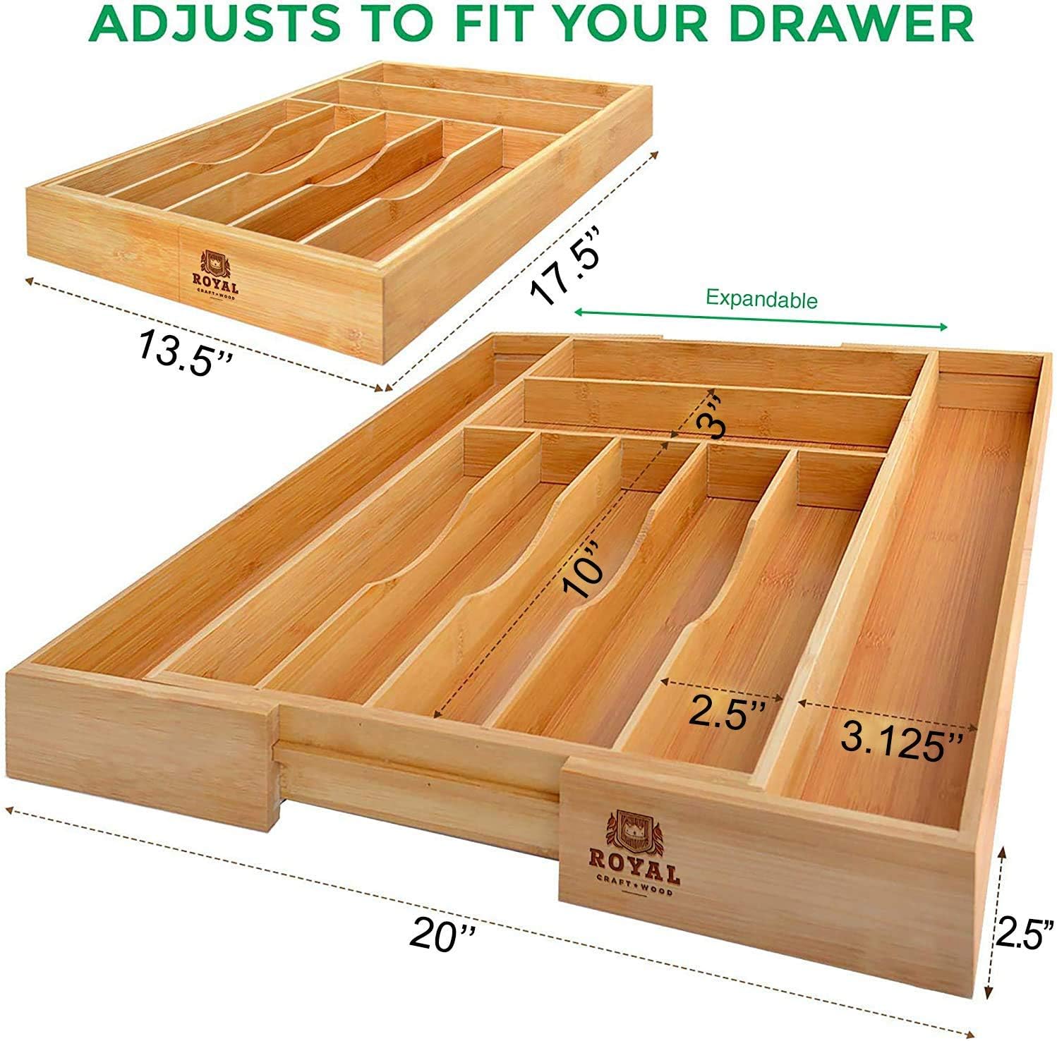 Bamboo Kitchen Drawer Organizer - Expandable Silverware Organizer/Utensil Holder and Cutlery Tray (20”-17.5”, Natural) -
