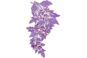 SAIXCCS 1pc Large Flower Rhinestone Applique Lilac, Embroidery Sequin Patches for Clothes,Beaded Lace Applique for Wedding Bridal Dress Bodice Hat Sewing Craft for Girl Embellishment(Lilac)