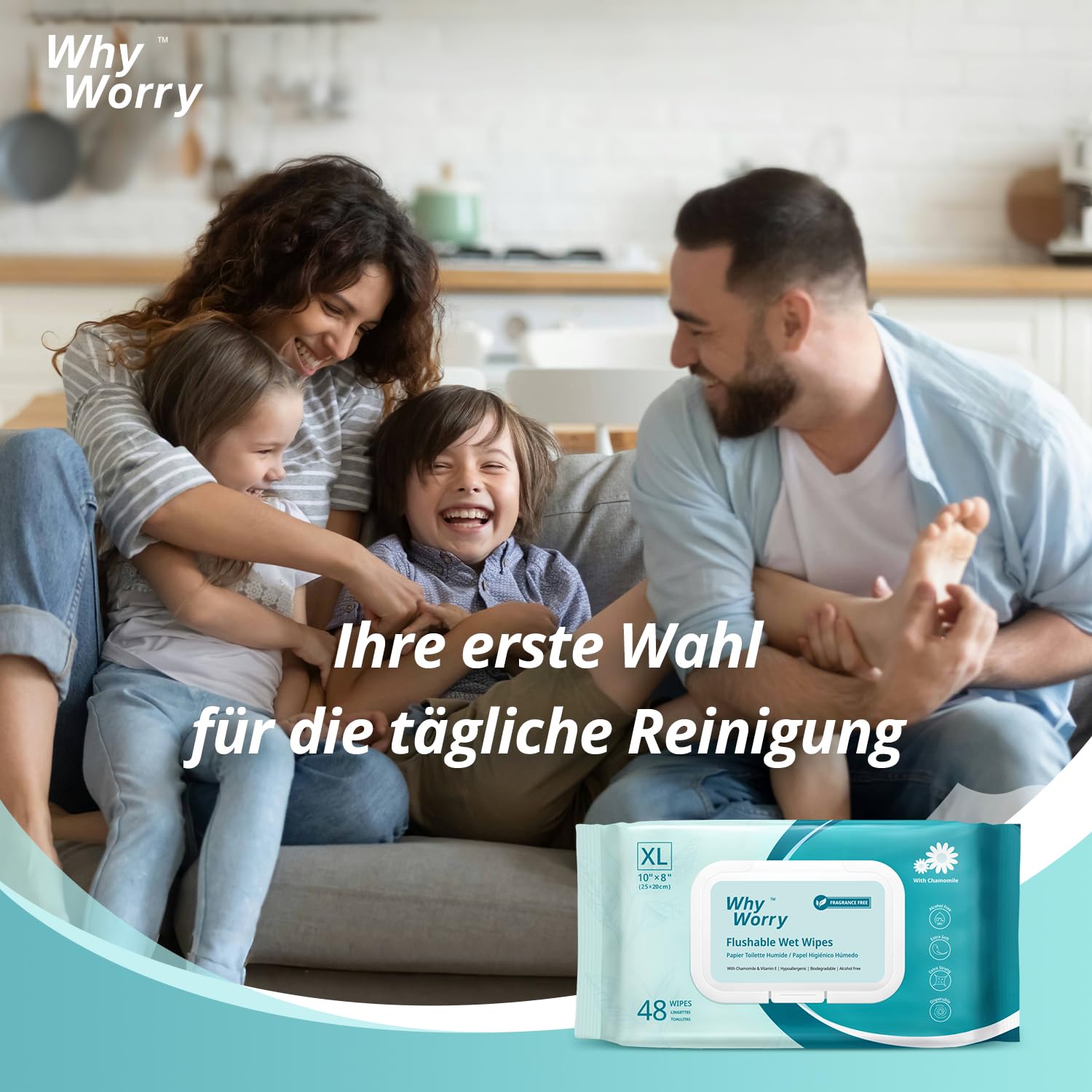 WhyWorry Feuchtes Toilettenpapier Spülbar, 20x25cm Extra Groß Feuchttücher Toilette mit Kamille & Vitamin E, Reinigungstücher für Erwachsen, 100% Pflanzlich, Wiederverschließbar, Parfümfrei, 144 Stück 7