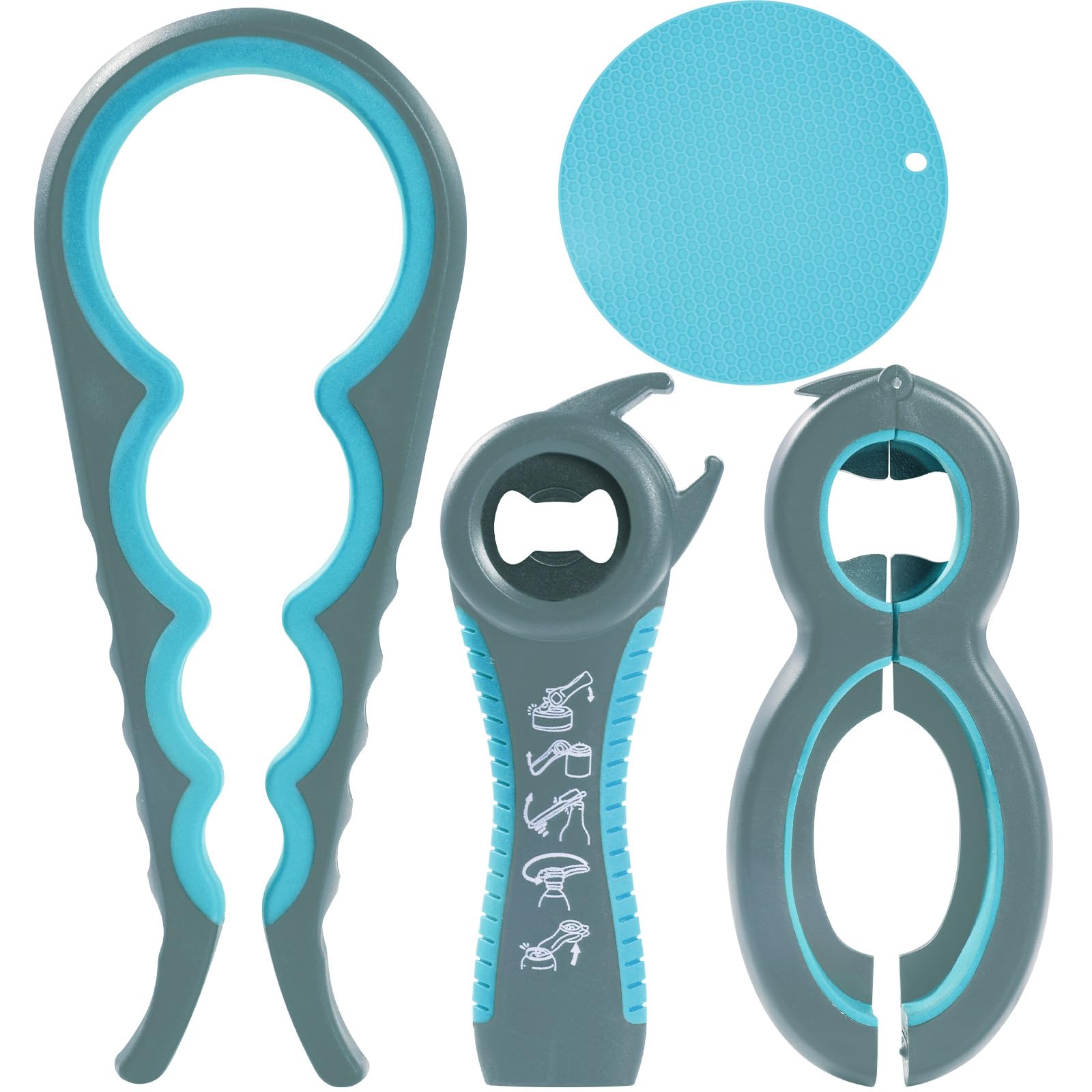 Jar Opener Gripper - 4 Pack Rubber Jar Opener for Weak Hands 6-in-1 5-in-1 Jar Bottle Openers for Seniors with Arthritis, 4-in-1 Jar Openers + Non Slip Lids Opener Gripper Pad (Blue)