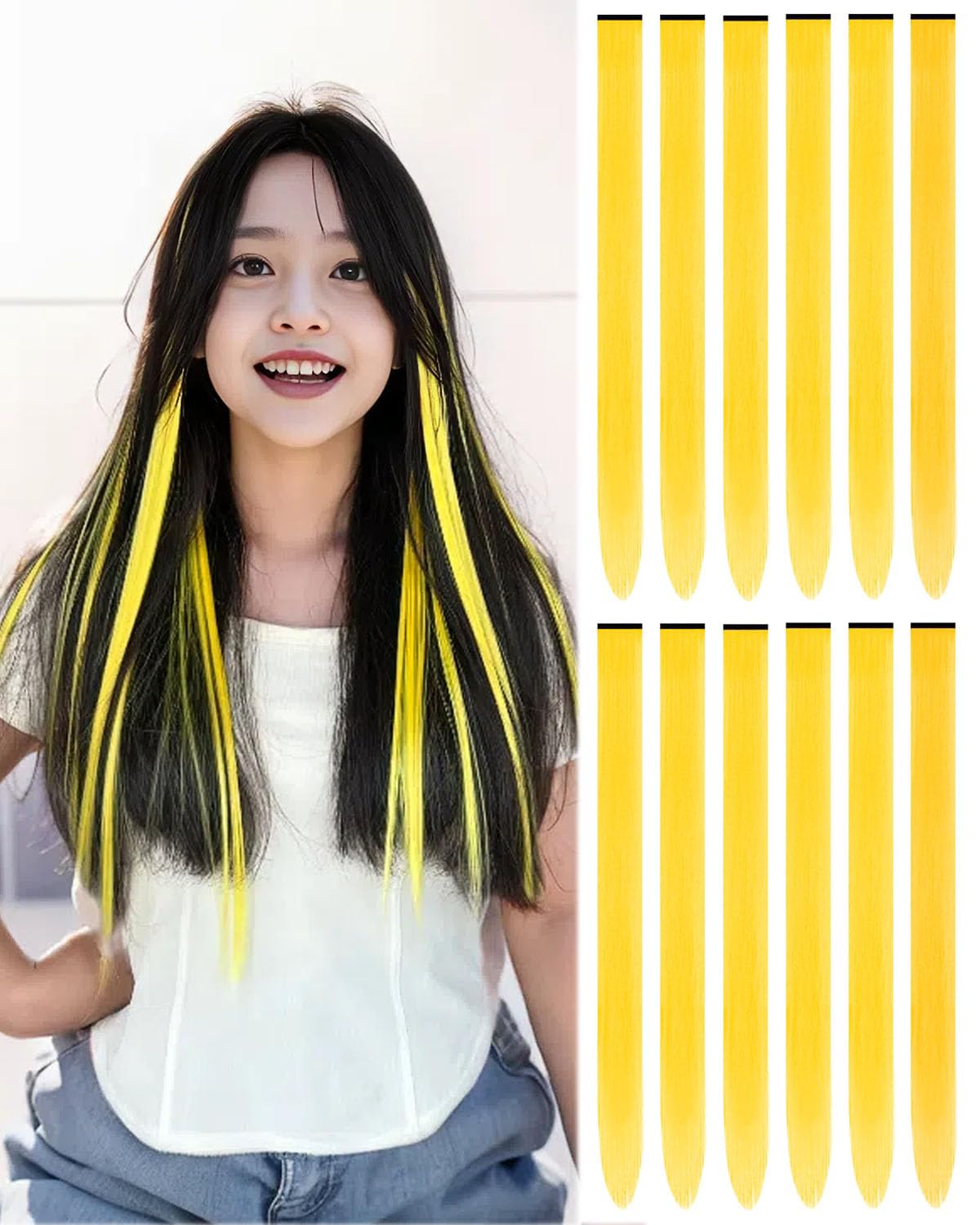 Photo 1 of 22 Inch Colored Hair extension 12 Pcs Yellow Clip in Hair Extension for Women Girls Kids Synthetic Highlight Hair Piece for Party Halloween