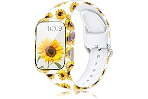 LKEITY Floral Printed Pattern Silicone Band with Case Cover Set Screen Protector Compatible for Apple Watch 45mm 44mm 42mm 41mm 40mm 38mm, Soft Sport Strap for iWatch Series 8 7 SE 6 5 4 3 2 1 Women