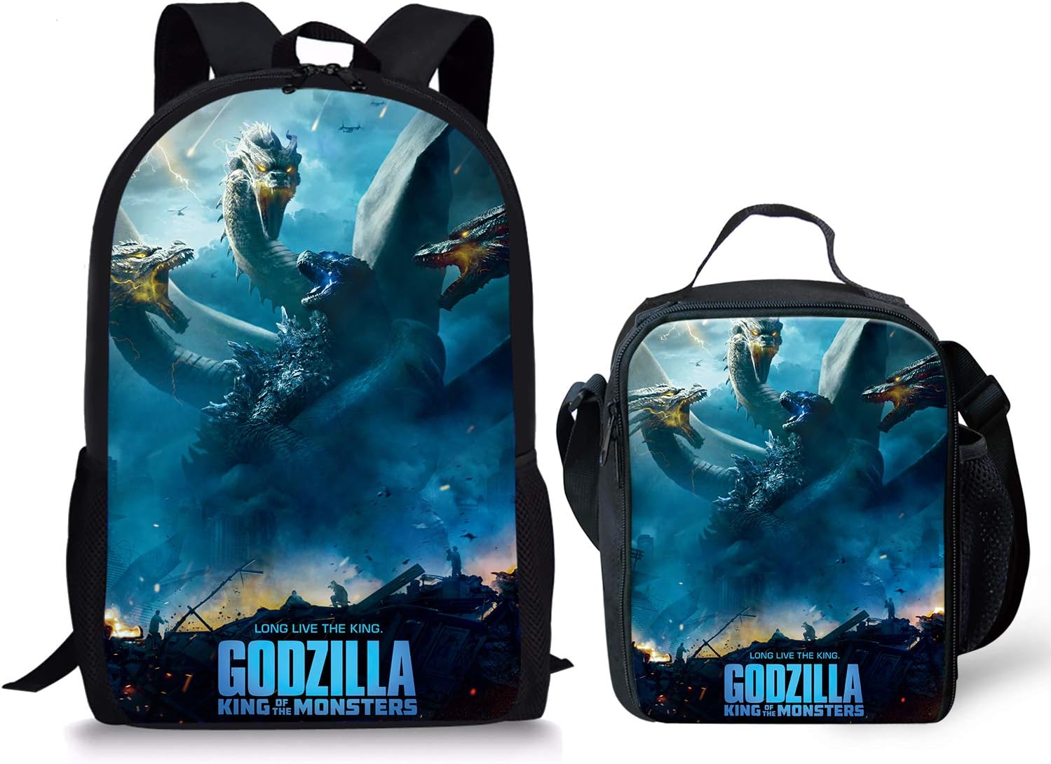 GePrint Godzilla Pattern Children Schoolbags with Lunch Bag Toddler School Backpack