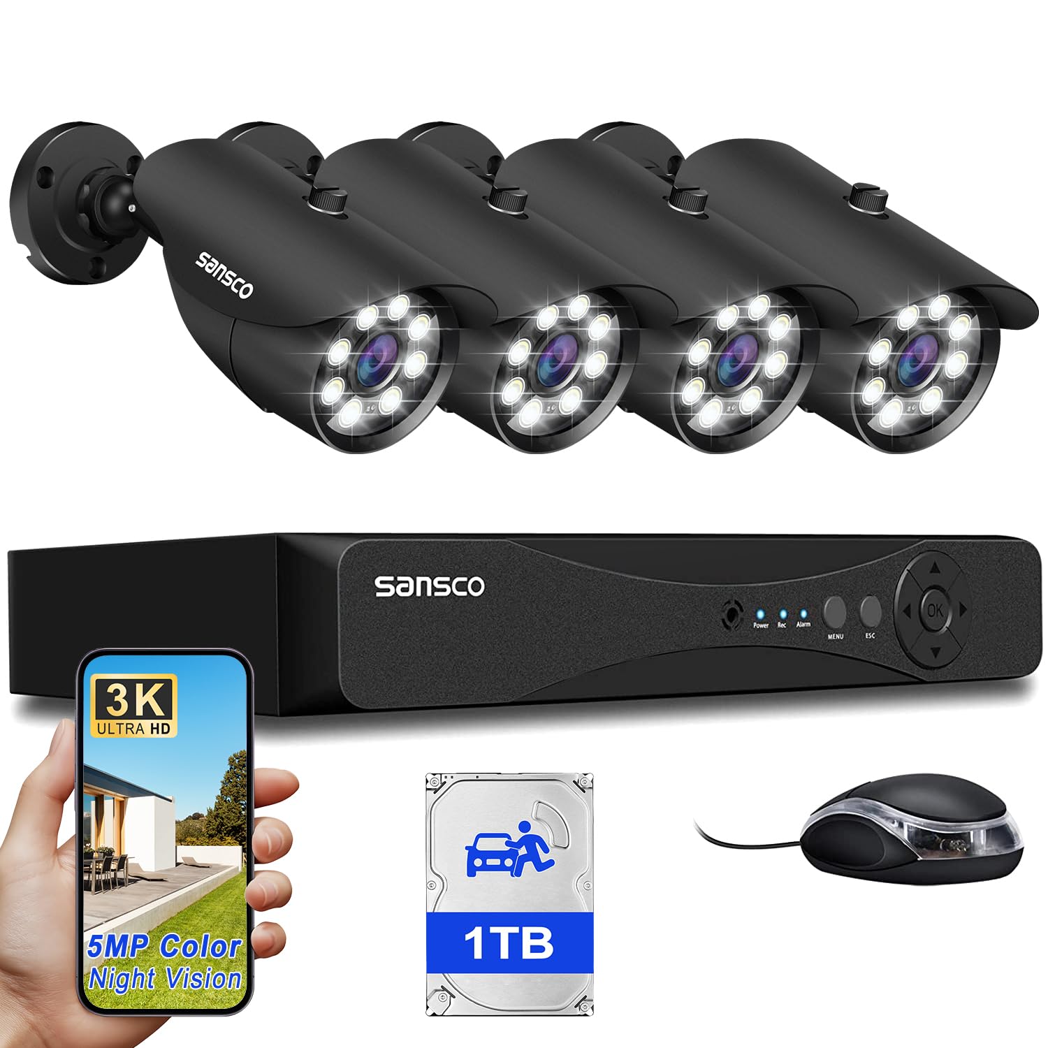 SANSCO 3K Color Night Vision, Full Metal Housing, 8CH Outdoor CCTV Camera System, 8 Channel DVR with 1TB Hard Drive 24/7 Recording, 4 x 5MP Bullet Security Camera, Human/Face/Vehicle Detection, P2P