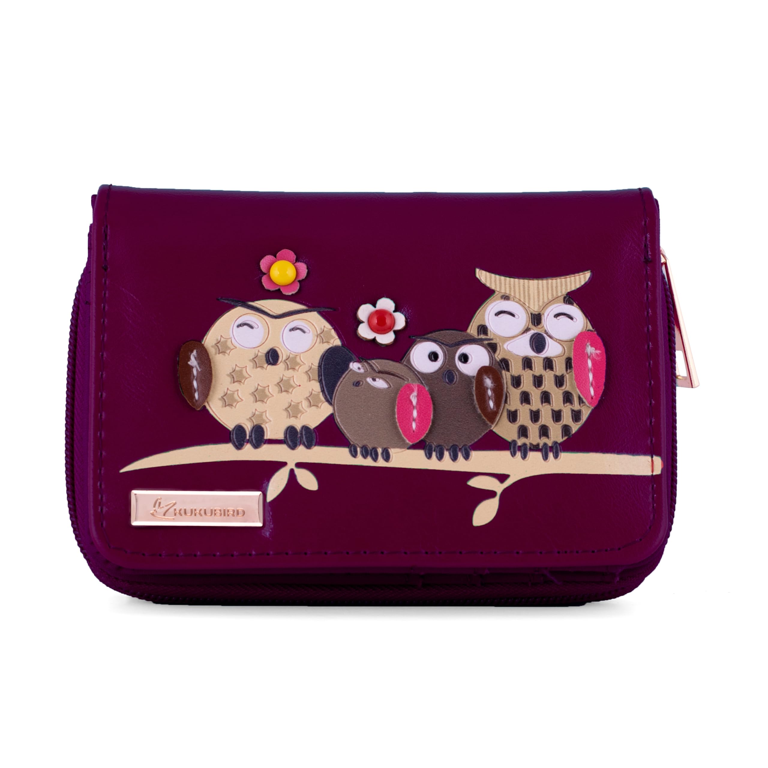 kukubird Branch Owl Wallet PU Leather Bifold Card Holder with Zipper Coin Pocket Purse-Purple