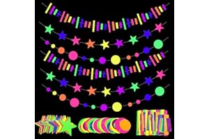 CORWOGOLO 96ft UV Neon Paper Garland Round dot Star Rectangle kit Neon Decor Banners for Glow Party Supplies, UV Reactive Glow in The Dark Streamers for Birthday neon Party Decorations Black Party Supplies…