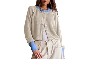 UNCLECAT Women's Cropped Cardigan Sweaters Fall Long Sleeve Open Front Cardigans Button Down Color Block Crewneck Knit Outwear Coats