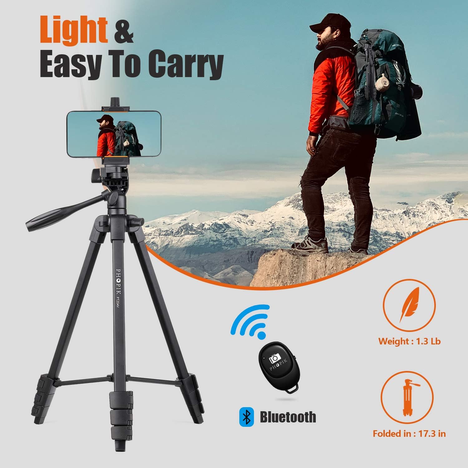 PHOPIK Lightweight Phone Tripod 55-Inch, Video Tripod with 360 Panorama and 1/4” Mounting Screw for Mirrorless/Gopro/DSLR Camera, Phone Holder for Smartphone, Max Load 6.6 Lbs, Carry Bag Inclued. : Camera & Photo