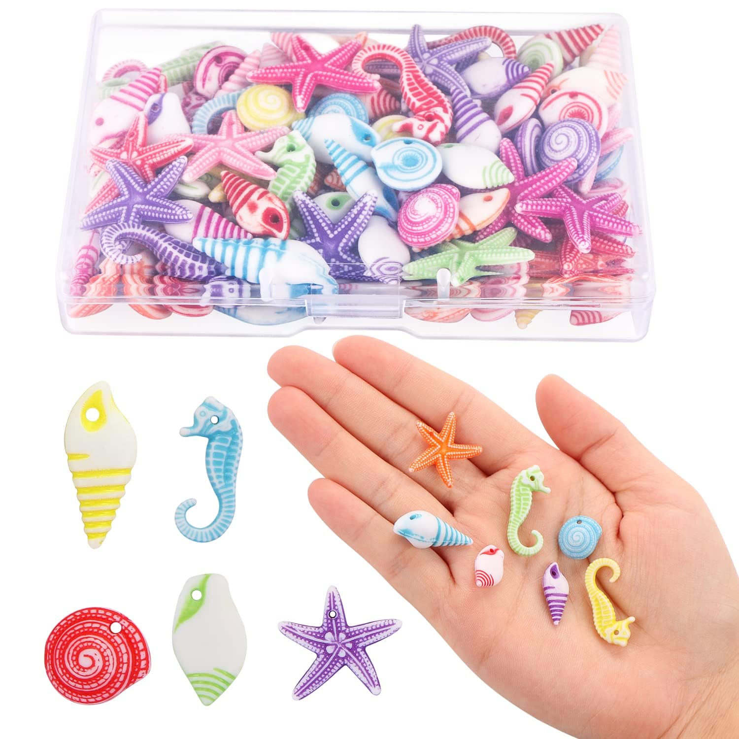 UHOMENY 200PCS Assorted Acrylic Fish Tiny Beads, Colorful Sea Shell Scallops Animal Spacer Beads with Holes for Bracelets Necklaces Jewelry Making DIY Craft, 8~15 mm