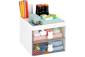 LETURE Small Desk Organizer With Drawer, Office Desktop Storage Box, Business Card/Pen/Pencil/Mobile Phone/Stationery Holder Storage Box, Makeup Organizer for Office School Home (White)
