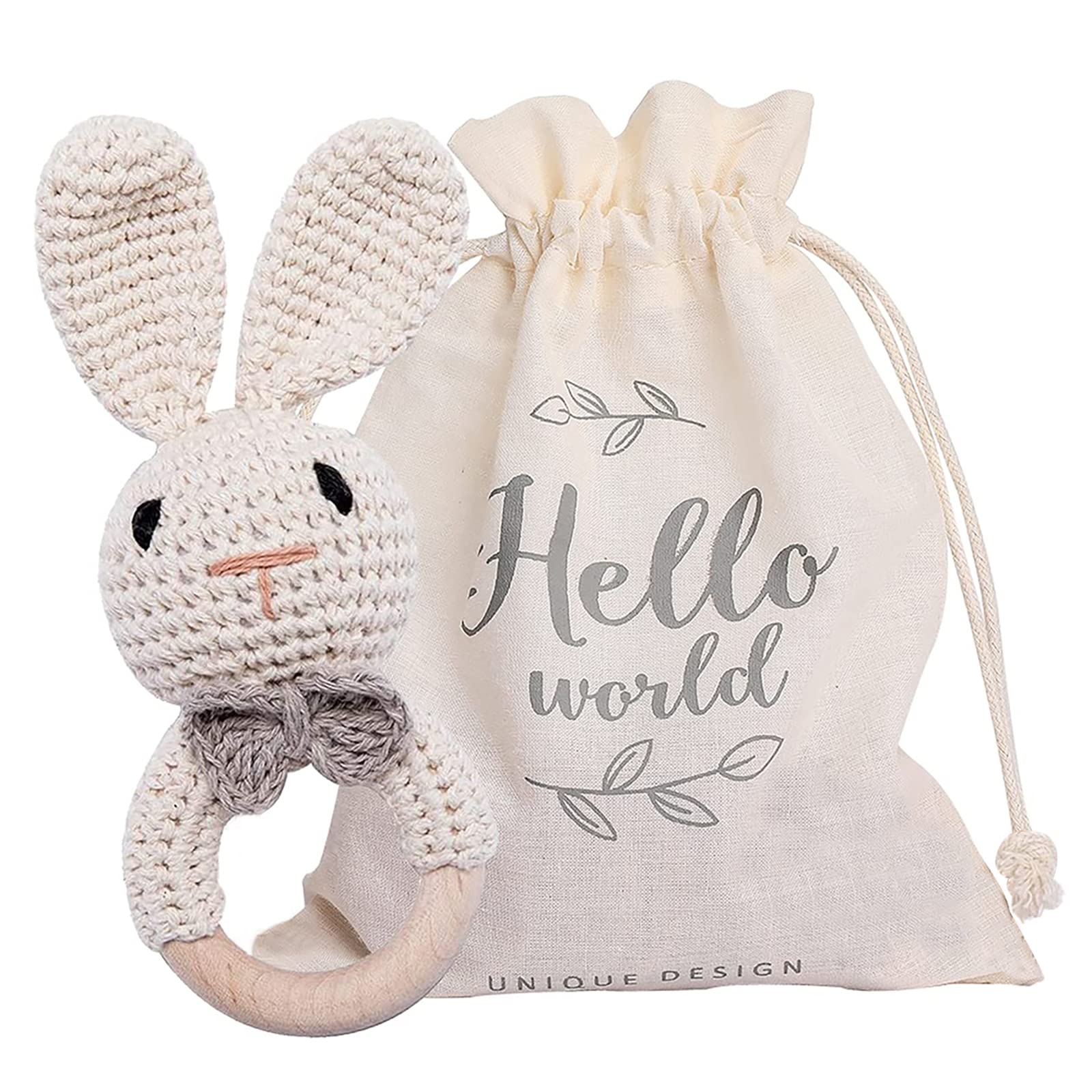 Youuys Baby Rattle Wooden Crochet Animals Grasping Toy Baby Wooden Rattle Baby with Sound Handmade Rattle for Newborn Baby Gift Boy and Girl Gift for Birth(Rabbit)