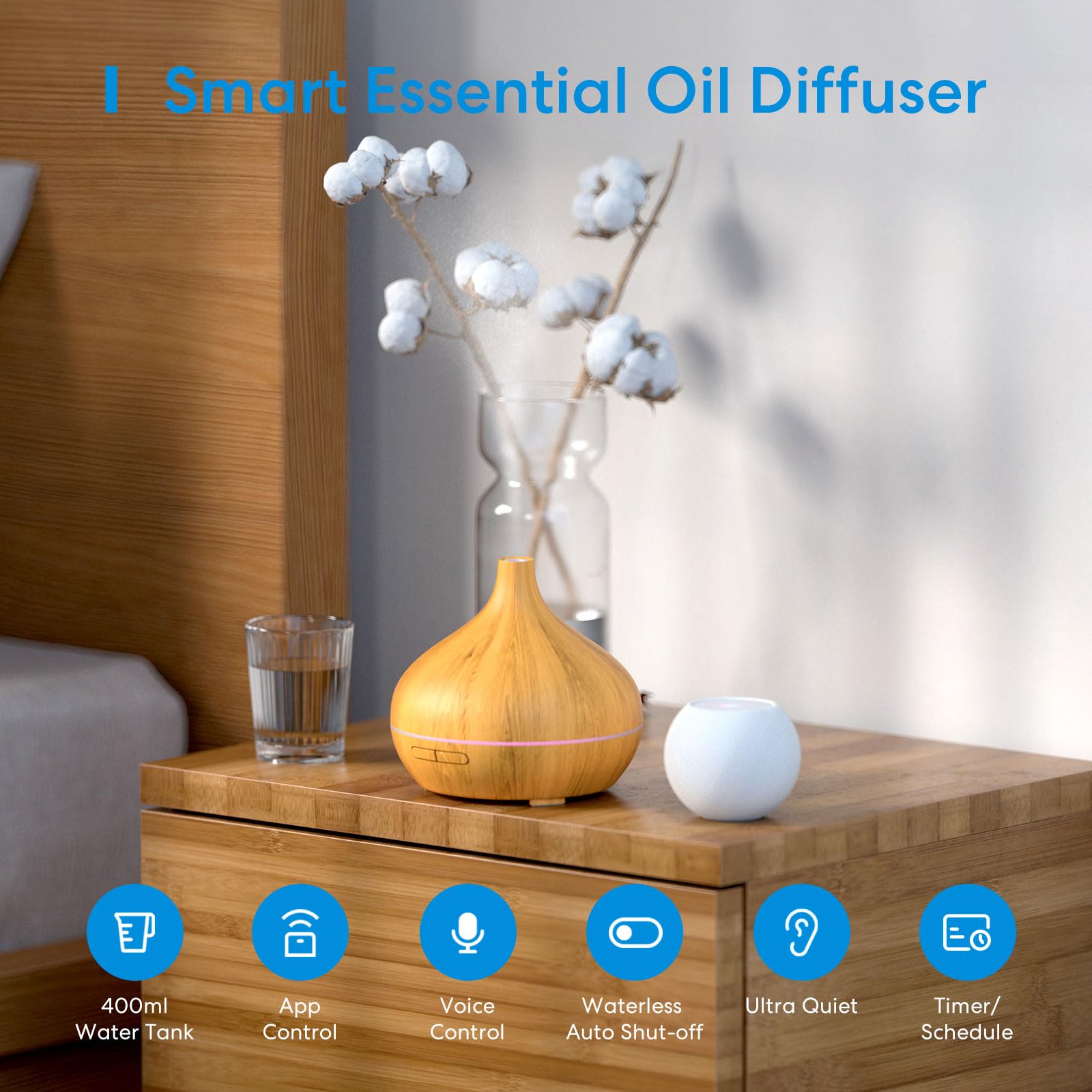 meross Smart WiFi Wireless Essential Oil Aromatherapy Ultrasonic Diffuser & Cool Mist Humidifier with Apple HomeKit & Alexa: Voice & APP Control, Schedule, Timer, RGB Light,Yellow Wood Grain