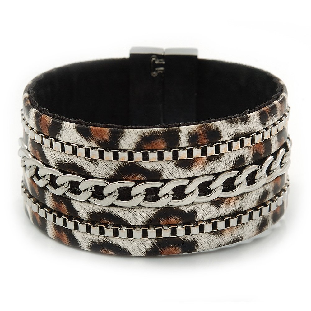Avalaya Wide Animal Pattern with Chain Detailing Magnetic Bracelet In Silver Tone - 18cm L