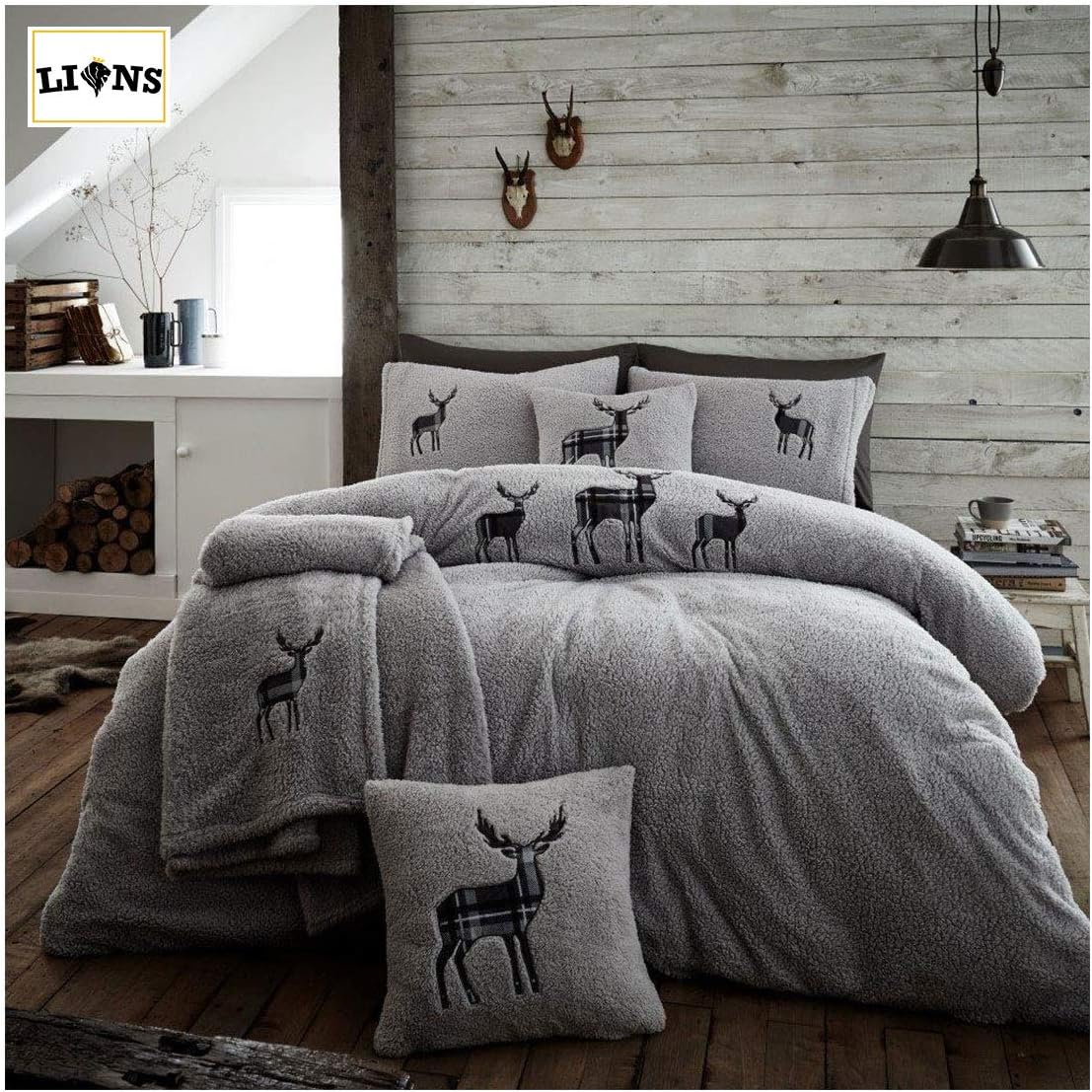 Lions Teddy Fleece Bedding Set, Embroidered Stag Fluffy Duvet Cover with Pillowcase, Warm Cosy