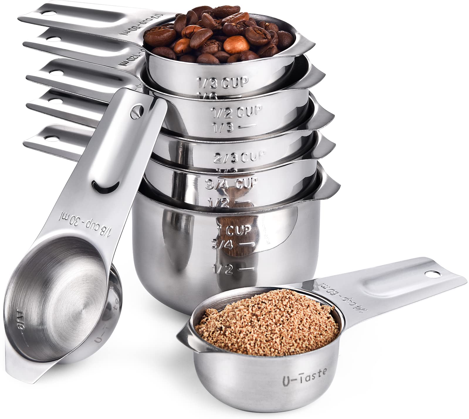 U-Taste 18/8 Stainless Steel Measuring Cups Set of 7, Wide Handle for Dry and Liquid Ingredients, 30ml 60ml 80ml 120ml 160ml 180ml 240ml (Silver