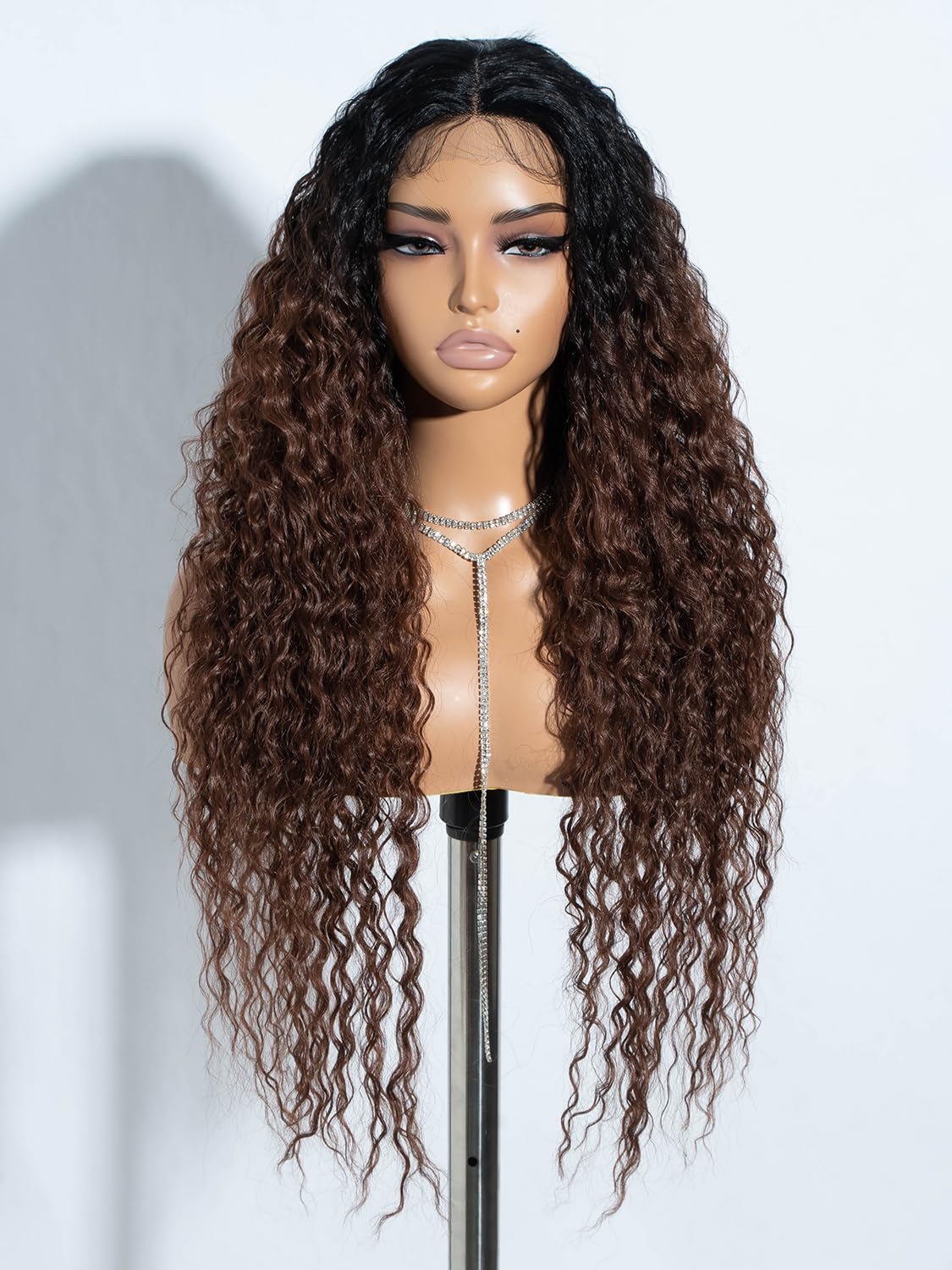 Joedir Brown Wigs for Women,Long Ombre Brown Curly Wig with Dark Roots,30 Inch T-Part lace front Wigs Natural Looking Synthetic Heat Resistant Fiber Wig for Daily Party Use