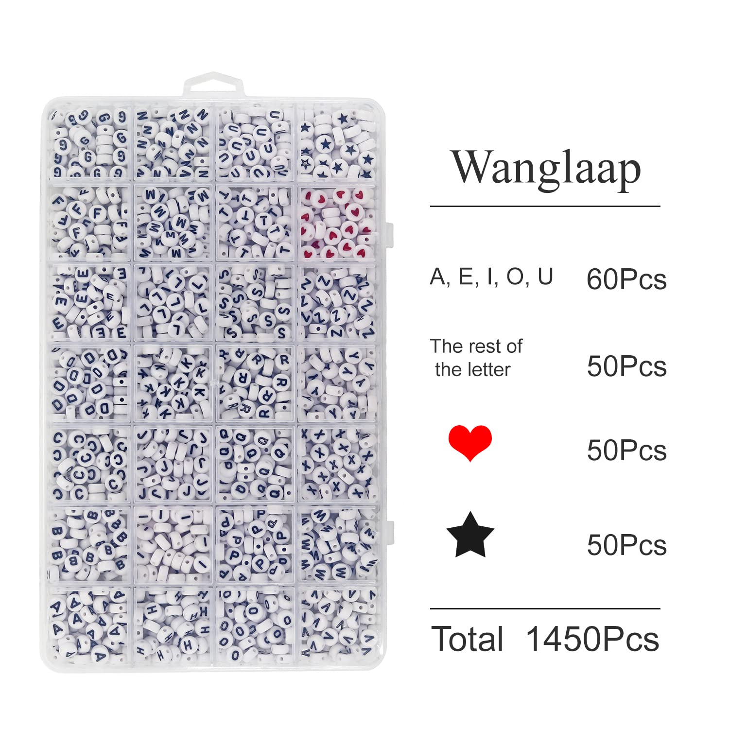 WangLaap 1450Pcs Letter Beads, Acrylic 4x7mm Round Alphabet A-Z and Red Heart Black Star Beads for Bracelets Necklaces DIY Jewelry Making (White)