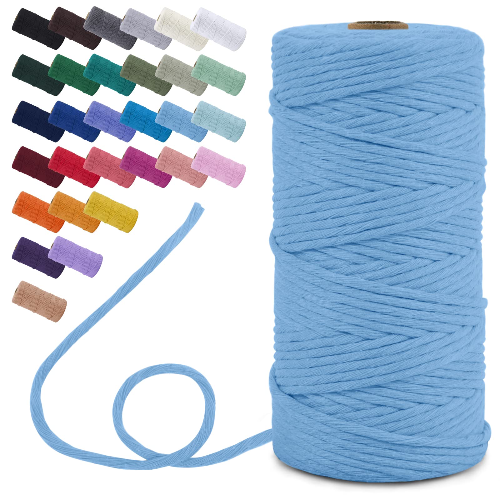 Uiopa Macrame Cord 3mm x 100m, Single Strand Macrame Yarn Thick Thread Natural Cotton Cord, Coloured Macrame Craft String for DIY Crafts, Wall Hanging, Plant Hanger, Tassels (Sky Blue)