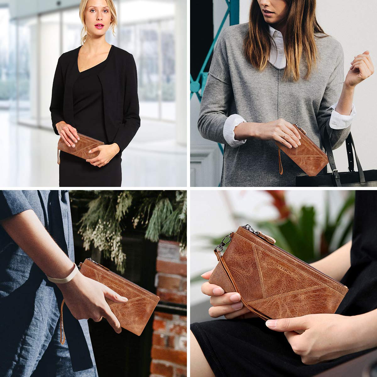 IVESIGN Zipper Wallet RFID Blocking Credit Card Holder Genuine Leather With Wristlet