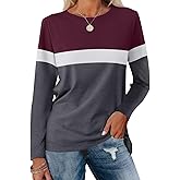 ORANDESIGNE Women's Long Sleeve Color Block Tunics Tops Casual Crew Neck Fall Shirts Blouses Wine Red-white-charcoal