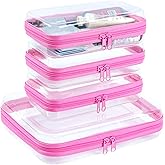 WELPIRT 4 pcs Clear Zipper Pouches, Hard Shell Zipper Case, Makeup Organizer Travel Toiletry bag, Diaper Bag, Travel Organizer, Clear Cosmetic Bag,Toy Storage Bins (M+3S Pink)