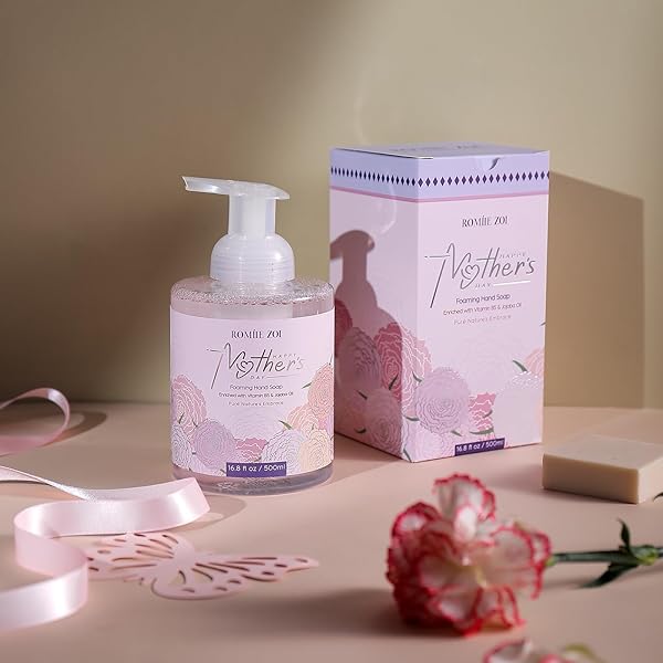 ROMIIE ZOI FOAMING HAND SOAP FOR MOTHER’S DAY GIFT BASKET – CARNATION DESIGN, INFUSED WITH ROSE SCENTED AROMA – 500 ML / 16.8 FL OZ