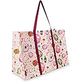 kate spade new york Reusable Grocery Tote Bag, Pink & Green Large Collapsible Oversized Shopping Bag (Festive Party)