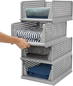 4 Pack Closet Basket Shelf Storage Bins Plastic Super Large Capacity Collapsible Kid Toy Rack for Kitchen Cabinets, Pantry, Offices, Bedrooms, Bathrooms(Gray)
