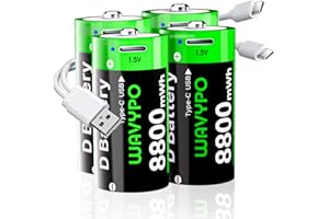 WAVYPO 4-Pack 8800mAh Rechargeable D-Cell Lithium Batteries with Included USB-C Charging Cable,Rechargeable D Batteries for T