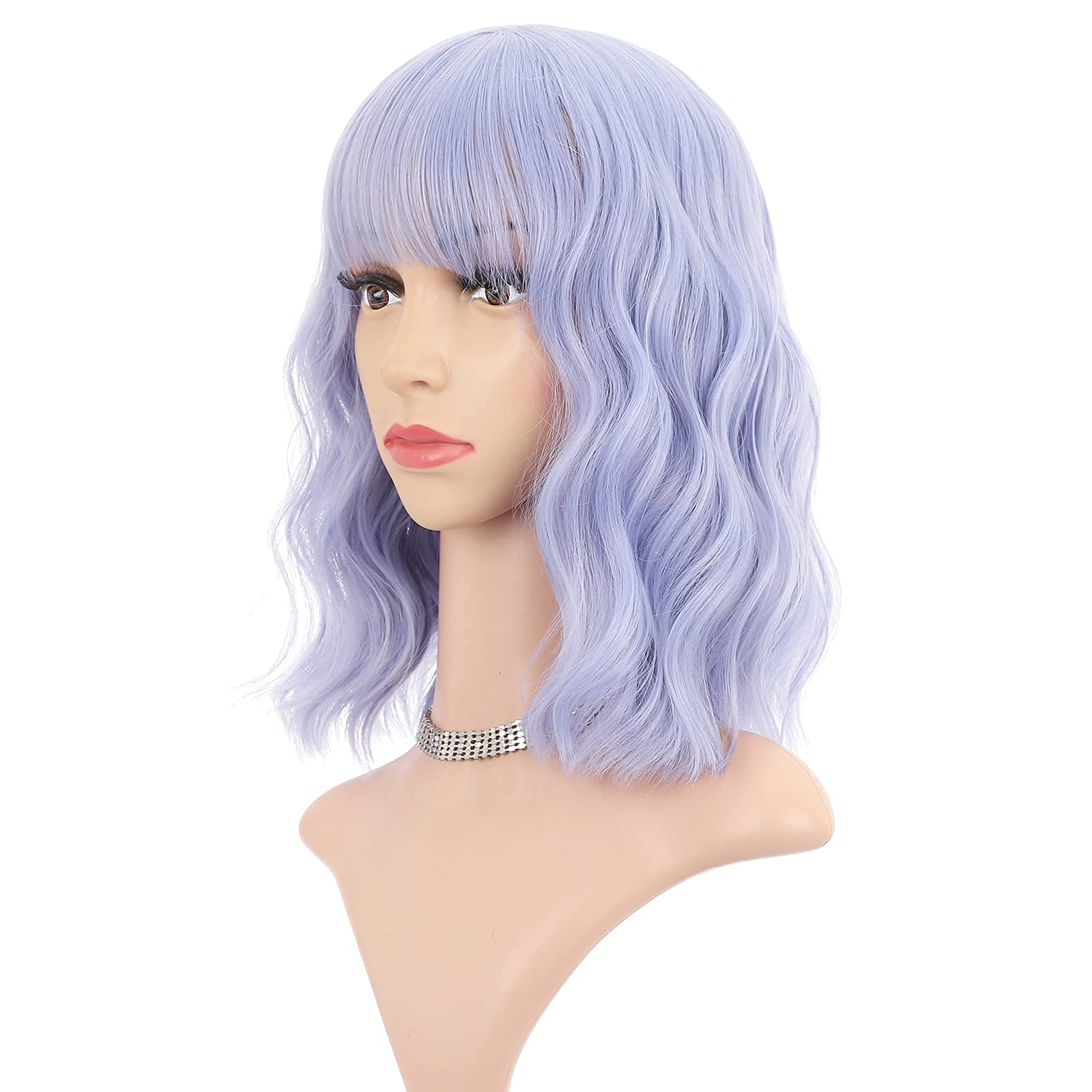 FAELBATY Light Blue Wave Bob Wigs With Bangs Synthetic Cosplay Wig for Girl Shoulder Length Wig for Women Costume Wigs Mixed Blue(12" Light Gray Blue)