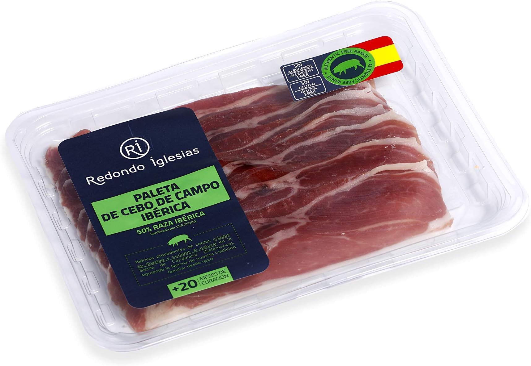 Redondo Iglesias - 1 Box containing 15 Packs of Spanish Iberico Free-Range Cereal & Grass fed ham Shoulder (Paleta Iberica Cebo de Campo. 50% iberica) - 100g/pack