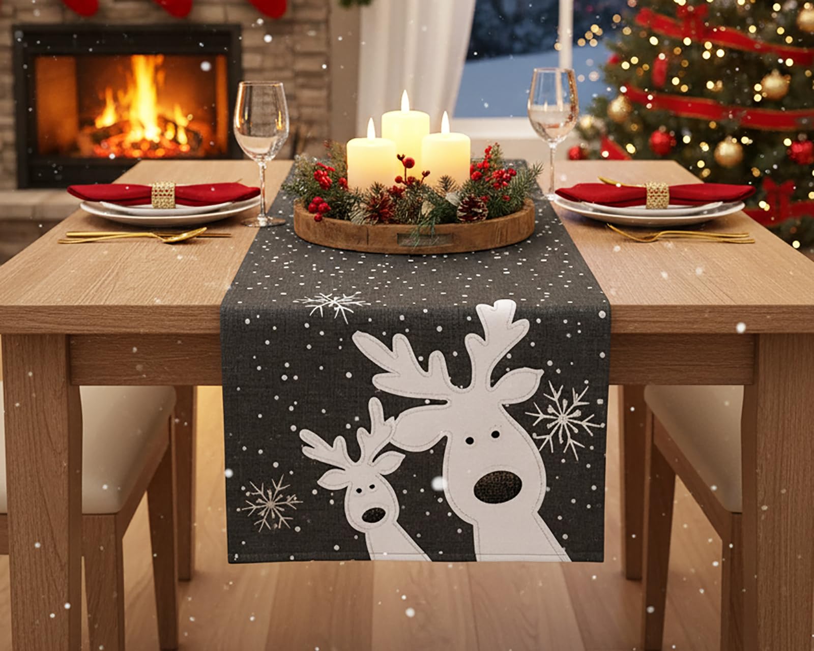 Kamaca Funny Elk Series with Curious Elk and Snowflakes Filigree Embroidery Eyecatcher Winter Christmas (Dark Grey, Table Runner 40 x 140 cm)