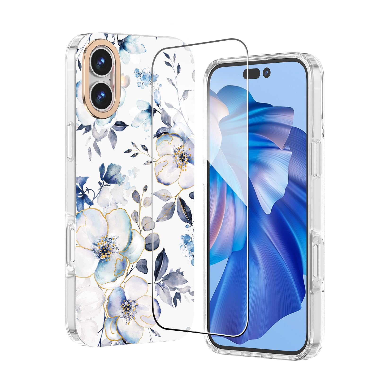 Zelaxy Compatible with iPhone 16 Plus Case, Flower Phone Case Floral Patterns with Screen Protector, Anti-Yellow Not Fade Shockproof Protective Cover for Women, Girl - Blossom