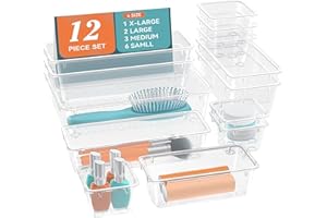 ElegantArray 12 PCS Drawer Organizer Set, 4 Sizes Storage Drawer Units, Clear Plastic Makeup Vanity Organizer and Storage Bins for Makeup, Stationeries, Multiple Gadgets for Bathroom, Office, Bedroom