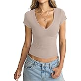 EasyGala Womens Deep V Neck Short Sleeve Shirts Sexy Slim Fit Crop Tops Basic Tees Going Out Summer Outfits
