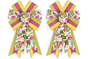 Threetols 2 Pack Floral Wreath Bows, Green Pink Yellow Stripe Bows for Wreath Colorful Tropic Flower Decoration Bows for Indoor Outdoor Home Summer Garden Party DIY Craft Wreath Bow Decor
