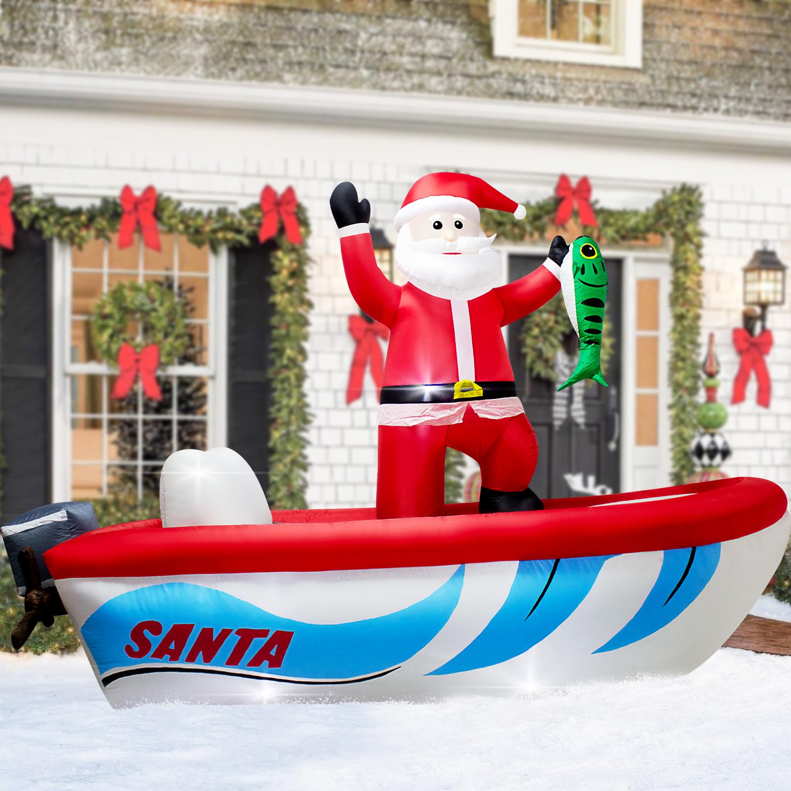 Photo 1 of 10FT Long Christmas Inflatable Santa Fishing on a Boat,Christmas Captain Santa Claus Outdoor Blow up Inflatable Santa Giant Garden Yard Lawn Decor