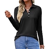Tankaneo Womens Long Sleeve Polo Shirts Business Work Casual V Neck Collared Tops Button Down Loose Fit Tees Shirts