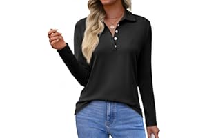 Tankaneo Womens Long Sleeve Polo Shirts Business Work Casual V Neck Collared Tops Button Down Loose Fit Tees Shirts
