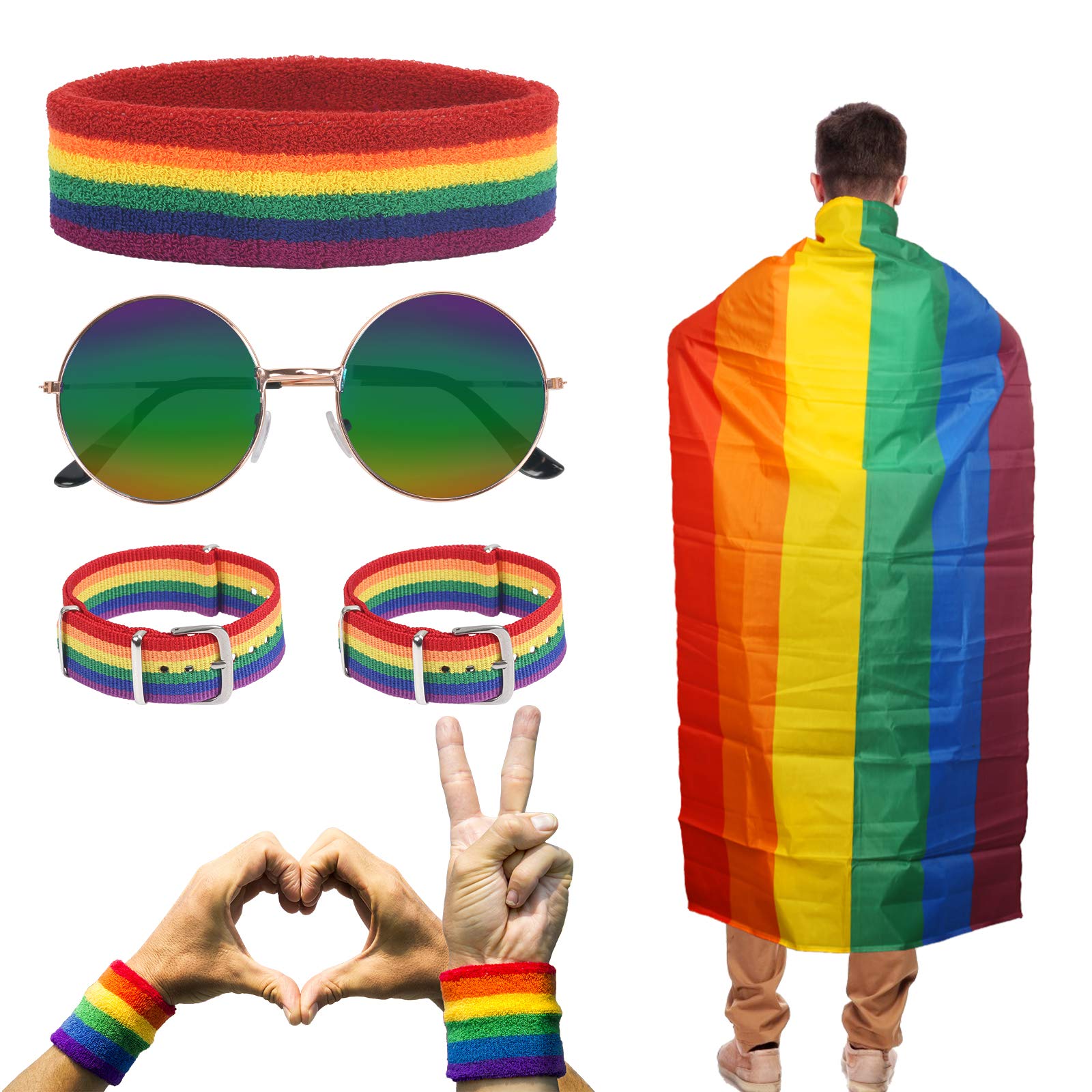 HAKOTOM 5pcs Gay Pride Day Accessories Unisex Lesbian Rainbow Set with Rainbow Cape Sports Headband Glasses Bracelet Strap Badge Pin for Pride Parade Events Gay Lovers Celebration Party Decor
