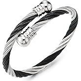 COOLSTEELANDBEYOND Elastic Adjustable Steel Twisted Cable Cuff Bangle Bracelet for Men and Women Silver Black Two-tone