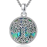 AUDINCEED Tree of Life Necklace Tree of Life Pendant 925 Sterling Silver Abalone Shell Opal Malachite Turquoise Moonstone Crystal Necklace Celtic Knot Family Tree Jewelry for Men Women Fathers Day