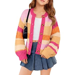 Haloumoning Girls Color Block Cardigan Sweaters Button Up Knit Sweater | Kids Color Contrast Chunky Knitted Sweater, Crew Nec