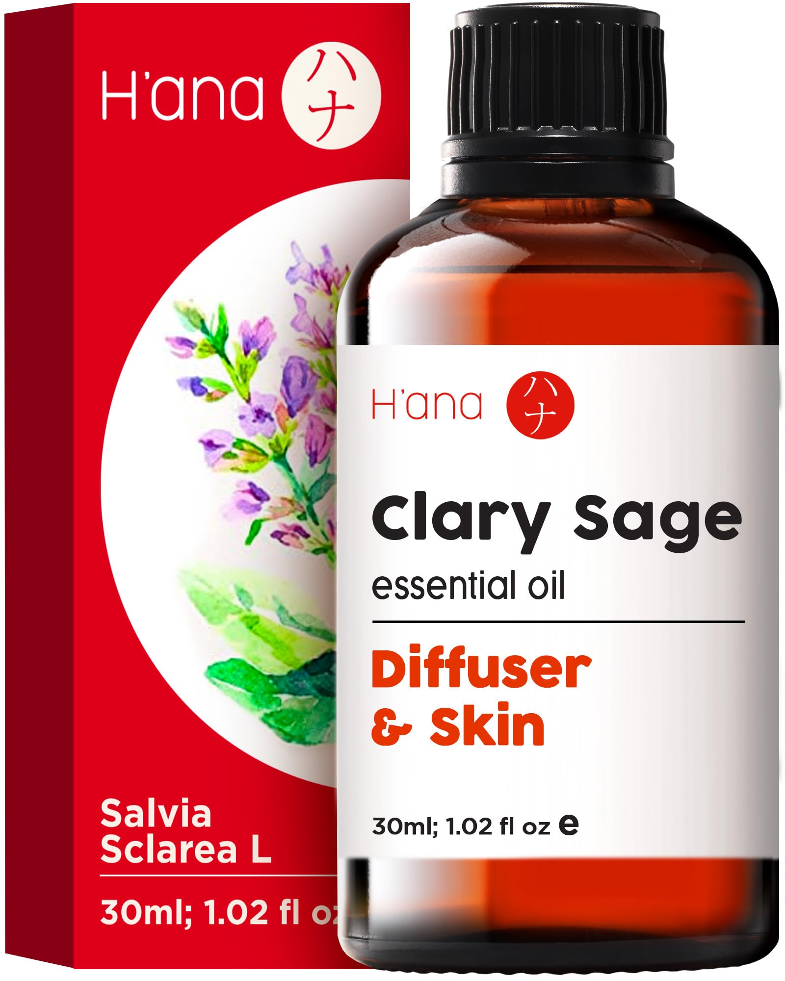 H’ana Clary Sage Essential Oil - 100% Pure Clary Sage Oil for Skin, Diffuser, Hair, and Aromatherapy - with a Sweet, Herbaceous Scent (30ml)