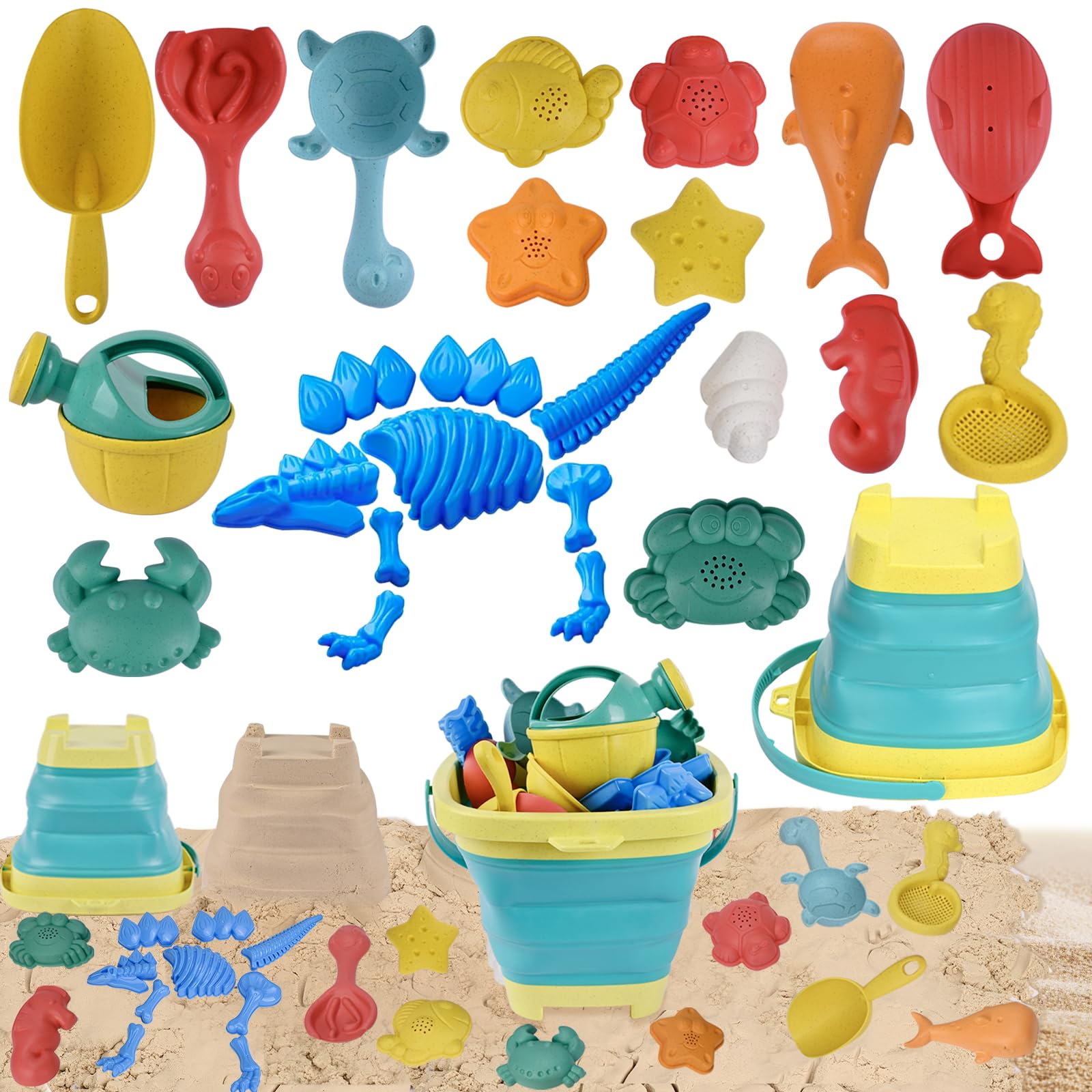 Jeackcelle Sand Toys for Kids - Beach Toys Set, 25PCS Dinosaur Beach Toys Set with Collapsible Beach Bucket, Travel Beach Toys Molds, Rake, Sandbox Toys, Castle Building Kit for Toddlers
