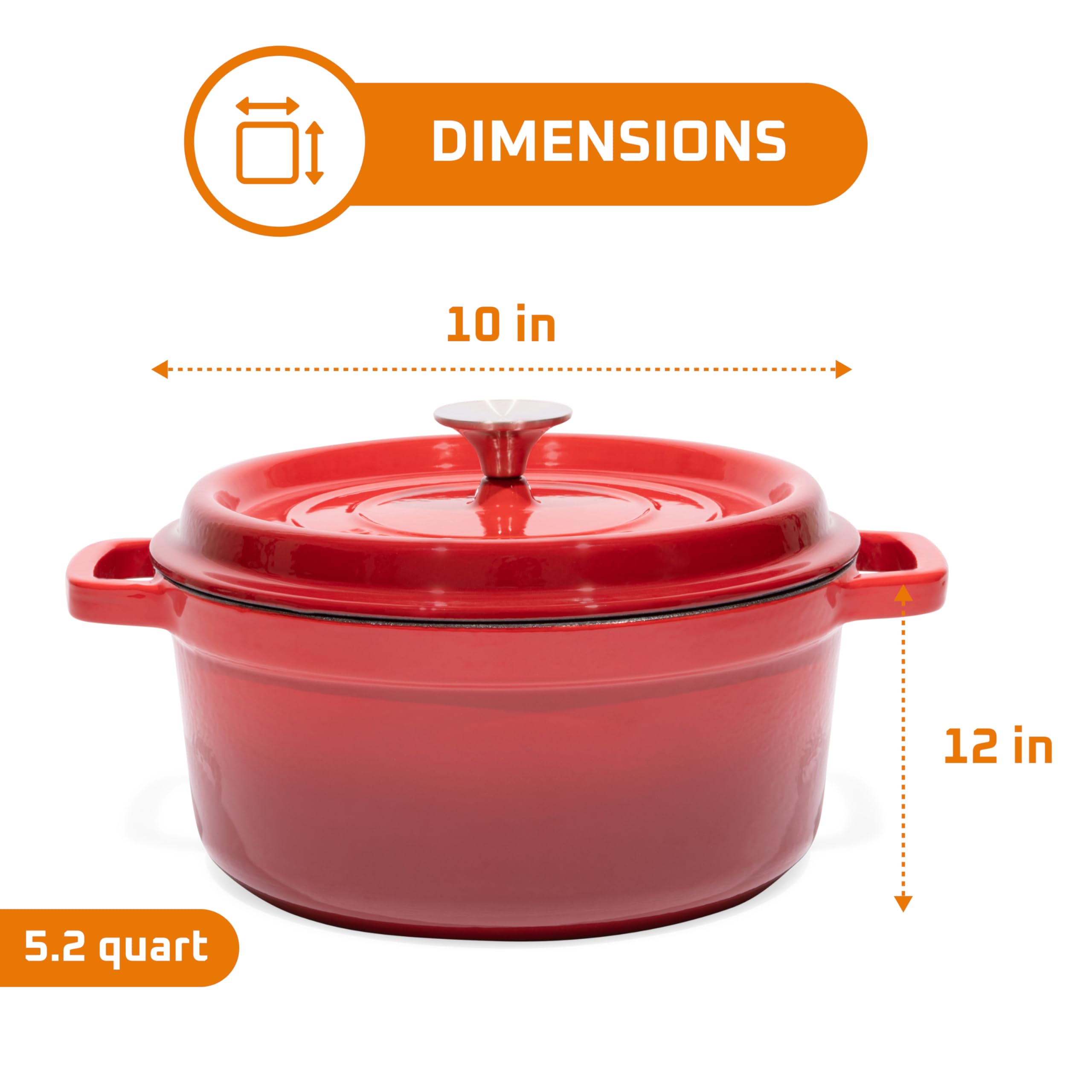 Bruntmor Pre-Seasoned Enameled Cast Iron Dutch Oven with Lid and Handle - 5.2 Quart Heavy Duty Casserole Dish for Cooking, Baking, and Braising - Oven Safe, Durable, Round Cast Iron Cooking Pot - Red