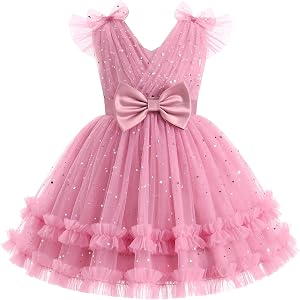 IMEKIS Toddler Kids Girls Pageant Dress Sparkle Stars Ruffle Sleeve Tulle Tea Party Birthday Princess Outfit 2-8T